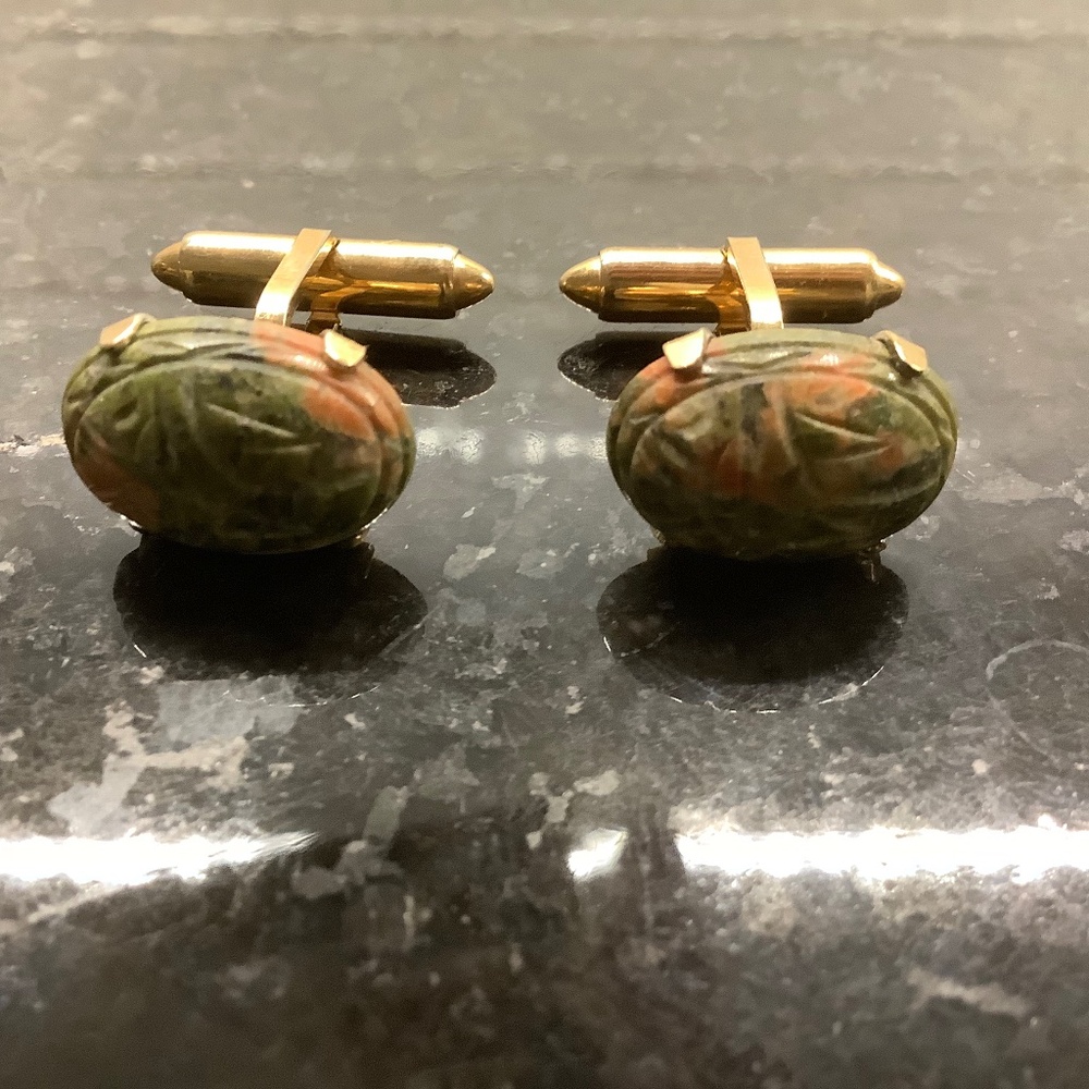 14K Gold Overlay Unikite Cuff Links Vintage w/Original Storage Box